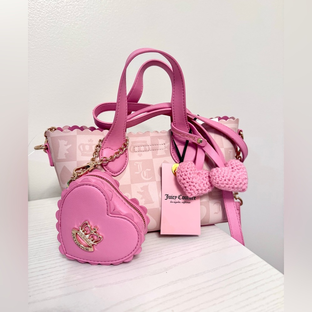 Juicy Couture Pink Heart Charm Tote with Crossbody Pouch